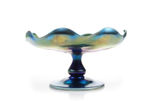 ルイス・カムフォート・ティファニー（Louis Comfort Tiffany）ブルー玉虫・台座付コンポート・8インチ（20センチ）