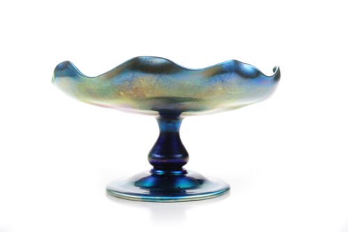 ルイス・カムフォート・ティファニー（Louis Comfort Tiffany）ブルー玉虫・台座付コンポート・8インチ（20センチ）