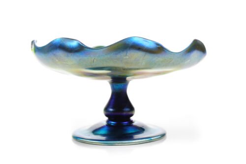 ルイス・カムフォート・ティファニー（Louis Comfort Tiffany）ブルー玉虫・台座付コンポート・8インチ（20センチ）