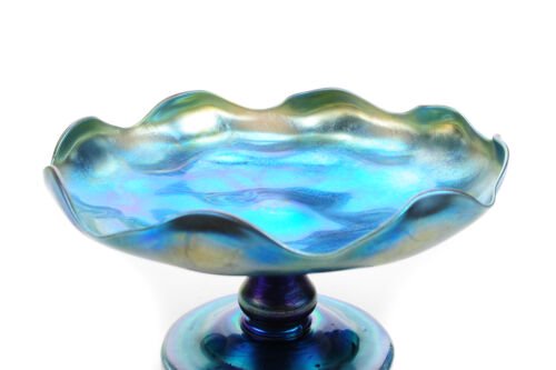 ルイス・カムフォート・ティファニー（Louis Comfort Tiffany）ブルー玉虫・台座付コンポート・8インチ（20センチ）
