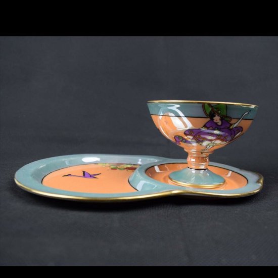 オールドノリタケ　アールデコ　デザートセット　ラスターウェア　紫色のドレスの女性