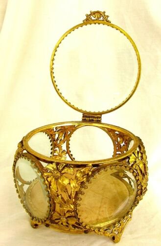 イタリア ジュエリーボックス 金メッキ 面取りガラス アンティーク 1940年代
