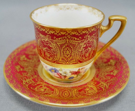 ロイヤルウースター　デミタスカップ&ソーサー　レッド・ゴールド　花柄