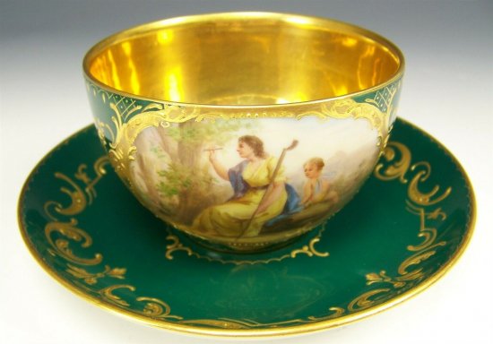 ロイヤルウィーン　カップ&ソーサー　ERINNERUNG(回想)　グリーン・ゴールド