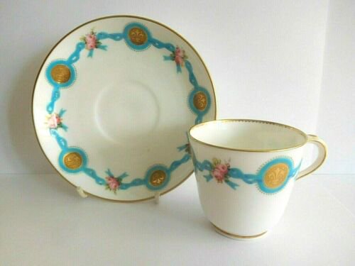 19世紀中ごろ　ミントン　ティーカップ＆ソーサーセット　セレストブルーリボン&ピンクローズ