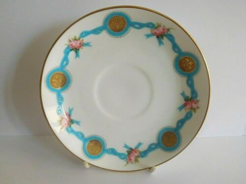 19世紀中ごろ　ミントン　ティーカップ＆ソーサーセット　セレストブルーリボン&ピンクローズ