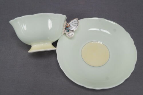 パラゴン　青磁色　アールデコ　蝶ハンドル　ボーンチャイナ　ティーカップ＆ソーサーセット