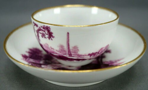 マイセン　手描き　暗赤色　方尖塔　馬車　コテージ　ティーカップ＆ソーサーセット