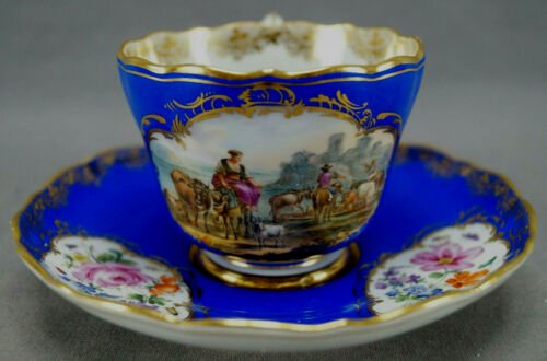 マイセン　家畜の群れ　ブルー＆ゴールド　ティーカップ＆ソーサーセット　1860～1924年頃