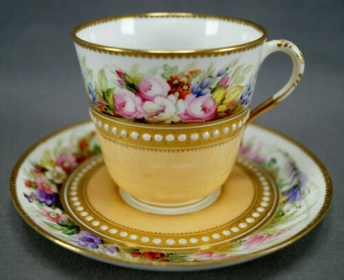 ロイヤルウースター　手描き　花柄　ピーチ＆ホワイト　コーヒーカップ＆ソーサーセット　1879年頃