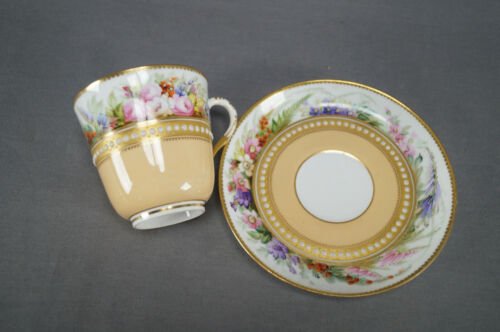 ロイヤルウースター　手描き　花柄　ピーチ＆ホワイト　コーヒーカップ＆ソーサーセット　1879年頃