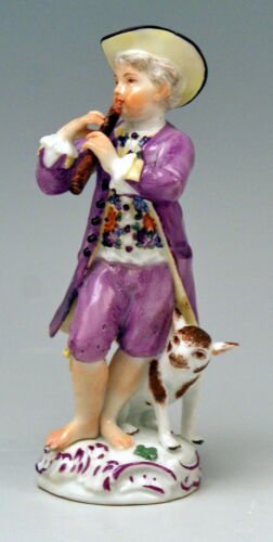 マイセン　フィギュリン　ケンドラー作　ロココ調　庭師　子ども　「フルートを吹く少年と犬」