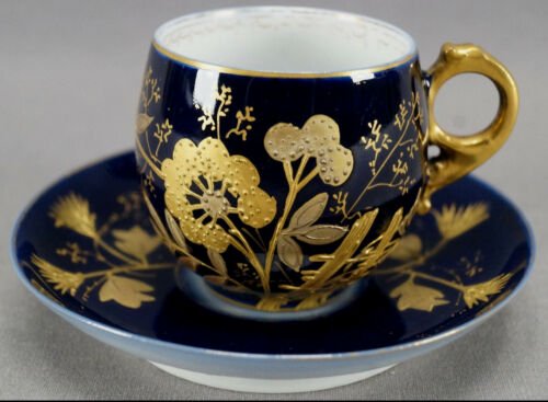 バウオ＆ドッター　リモージュ　コバルトブルー＆ゴールド　花柄　デミタスカップ＆ソーサーセット　1880年代