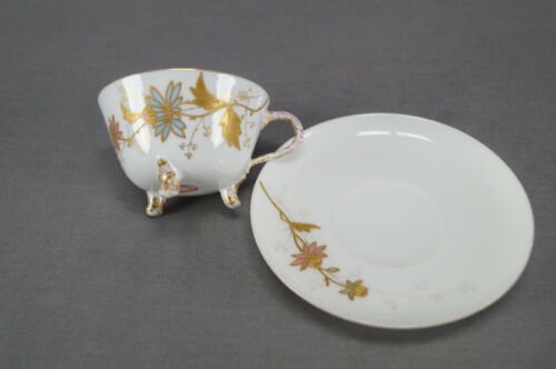 P.H.レオナール　リモージュ　手描き　ピンク＆ブルー　花柄　金彩　デミタスカップ＆ソーサーセット