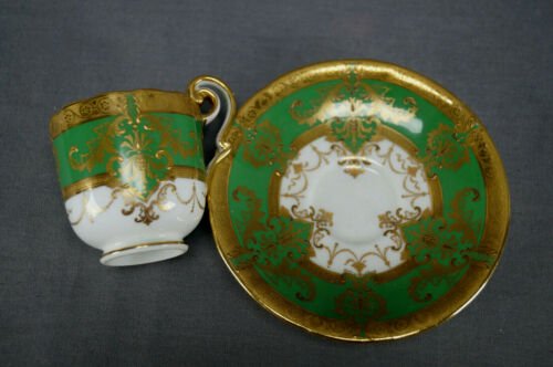 コウルドン　グリーン＆レイズドゴールド　金彩装飾　デミタスカップ＆ソーサーセット　1905～1920年頃