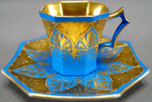ピルケンハンマー Fischer & Mieg　Paepke & Schafer　レイズドゴールド　ブルー　デミタスカップ＆ソーサーセット　1918～1930年頃
