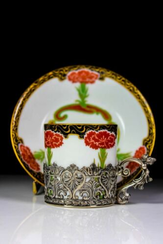 アンティーク　リモージュ　エルキントン　銀　アールヌーヴォー　デミタスカップ＆ソーサーセット　1907年頃