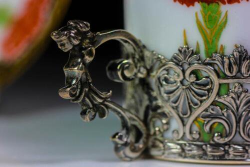 アンティーク　リモージュ　エルキントン　銀　アールヌーヴォー　デミタスカップ＆ソーサーセット　1907年頃