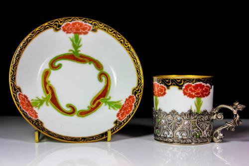 アンティーク　リモージュ　エルキントン　銀　アールヌーヴォー　デミタスカップ＆ソーサーセット　1907年頃