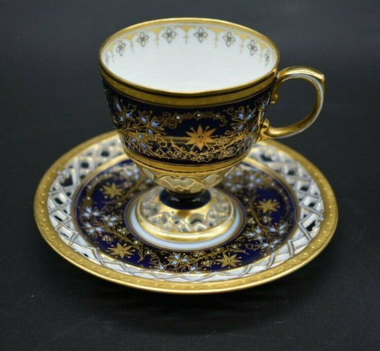 ピルケンハンマー　カップ＆ソーサー　コバルトブルー・金メッキ　網目模様