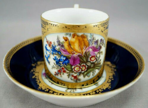 マイセン　マルコリーニ期　コバルトブルー　花柄　金彩　コーヒーカップ＆ソーサーセット　1774～1817年製