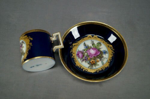 マイセン　マルコリーニ期　コバルトブルー　花柄　金彩　コーヒーカップ＆ソーサーセット　1774～1817年製