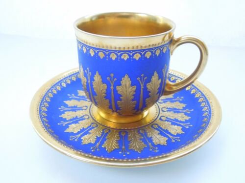 希少　ドレスデン　デミタスカップ＆ソーサーセット　ロイヤルブルー　レイズドゴールド　アカンサスの葉