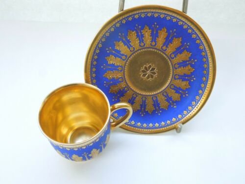 希少　ドレスデン　デミタスカップ＆ソーサーセット　ロイヤルブルー　レイズドゴールド　アカンサスの葉
