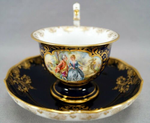 ドレスデン　愛し合うカップル　コバルトブルー＆ゴールド　バードハンドル　カップ＆ソーサーセット