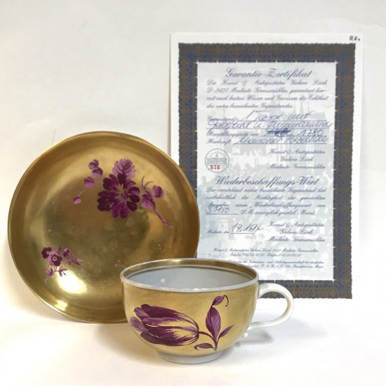 マイセン　カップ＆ソーサー　金色×紫の花　1780年製　マルコリーニ