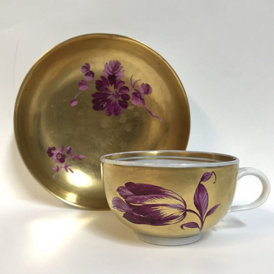 マイセン　カップ＆ソーサー　金色×紫の花　1780年製　マルコリーニ