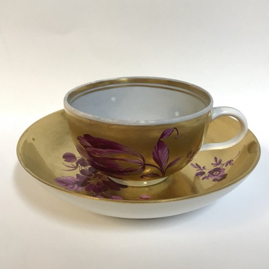 マイセン　カップ＆ソーサー　金色×紫の花　1780年製　マルコリーニ