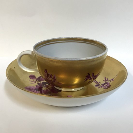 マイセン　カップ＆ソーサー　金色×紫の花　1780年製　マルコリーニ