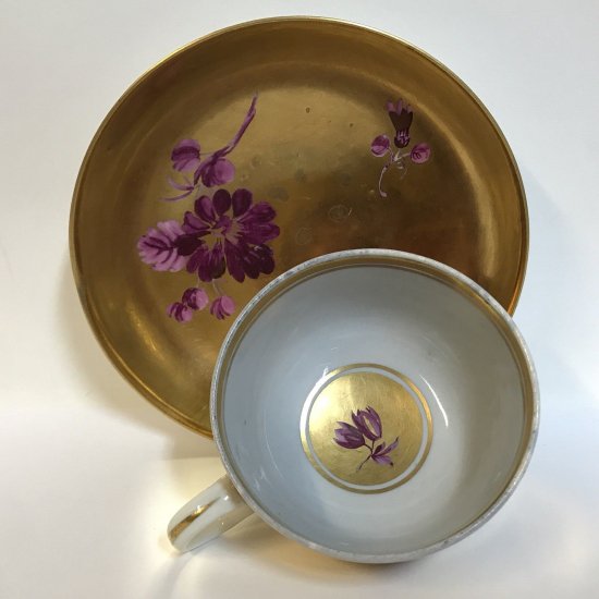マイセン　カップ＆ソーサー　金色×紫の花　1780年製　マルコリーニ