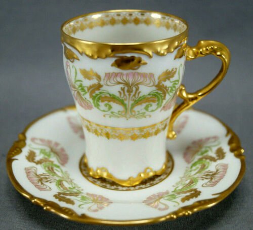 リモージュ　プーヤ　アール・ヌーヴォー　チョコレートカップ　カーネーション　金彩