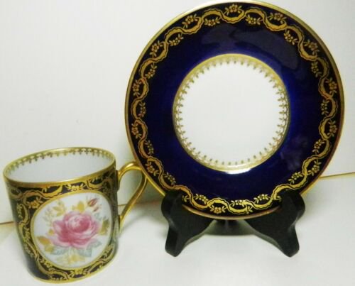リモージュ　デミタスカップ＆ソーサーセット　コバルトブルー　バラ