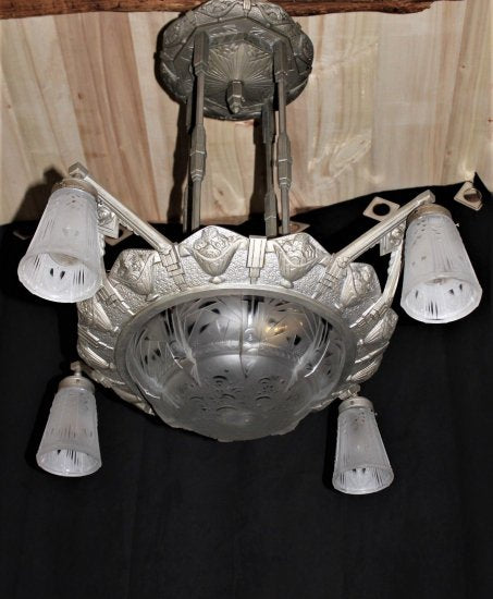 ミューラー兄弟　アールデコ様式シャンデリア　ニッケル・ガラス