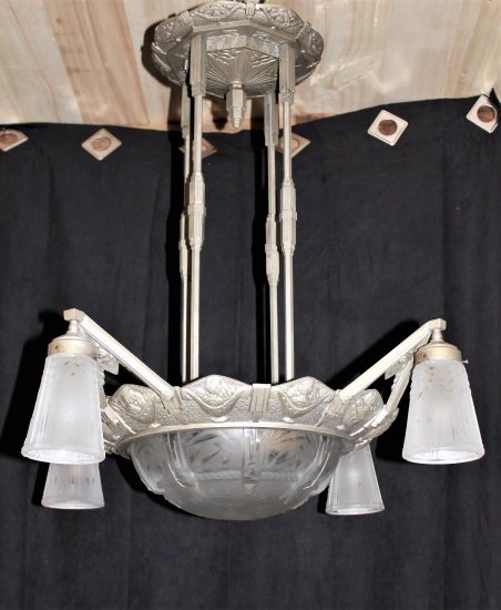 ミューラー兄弟　アールデコ様式シャンデリア　ニッケル・ガラス