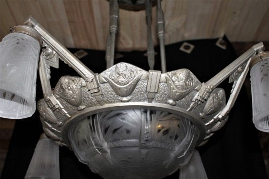 ミューラー兄弟　アールデコ様式シャンデリア　ニッケル・ガラス