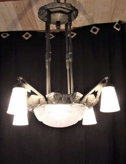 ミューラー兄弟　アールデコ様式シャンデリア　ニッケル・ガラス