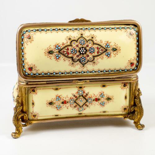 アンティーク　フランス製　窯焼き　エナメル　14ｃｍ　ジュエリーボックス　小物入れ　 淡黄色　ブレッサン・エナメル