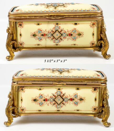 アンティーク　フランス製　窯焼き　エナメル　14ｃｍ　ジュエリーボックス　小物入れ　 淡黄色　ブレッサン・エナメル