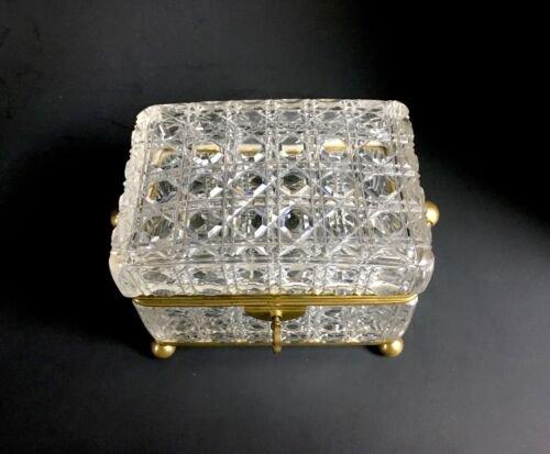 アンティーク　優美　フランス製　切子　ブロンズ　金メッキ　ジュエリーボックス