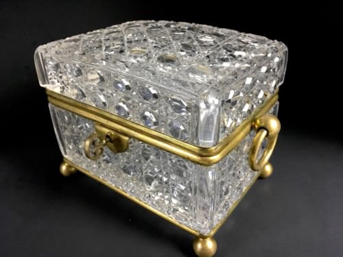 アンティーク　優美　フランス製　切子　ブロンズ　金メッキ　ジュエリーボックス