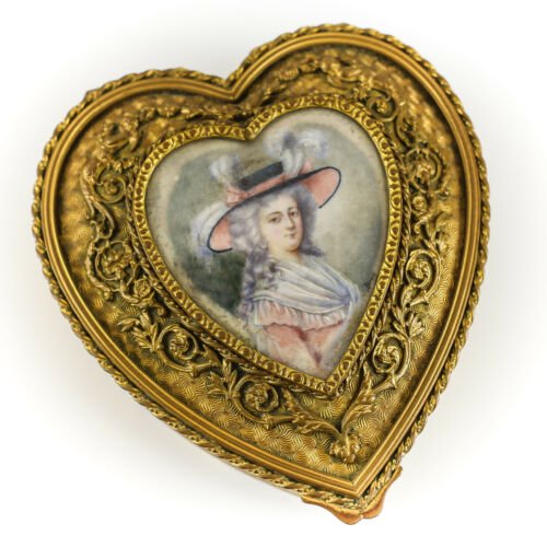 フランス製　金メッキ　ブロンズ　ジュエリーボックス　小物入れ　手描きの女性の肖像が　署名入り