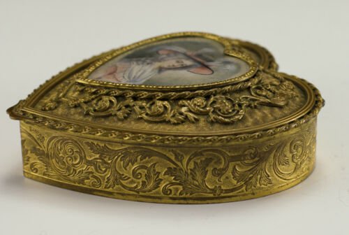 フランス製　金メッキ　ブロンズ　ジュエリーボックス　小物入れ　手描きの女性の肖像が　署名入り