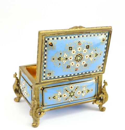 フランス製　金メッキ　ブロンズ　磁器　ジュエリーボックス　水色　脚付き　花柄　エナメル