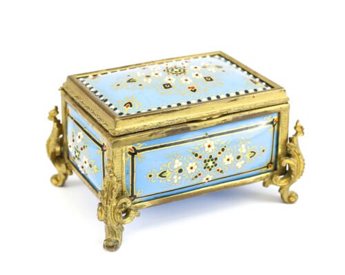 フランス製　金メッキ　ブロンズ　磁器　ジュエリーボックス　水色　脚付き　花柄　エナメル