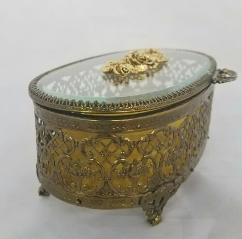 アンティーク　金メッキ　線条細工　ガラスケース　ジュエリーボックス