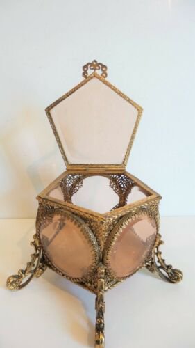 ヴィンテージ　真鍮　金メッキ　5面窓　ジュエリーボックス　面取りガラス